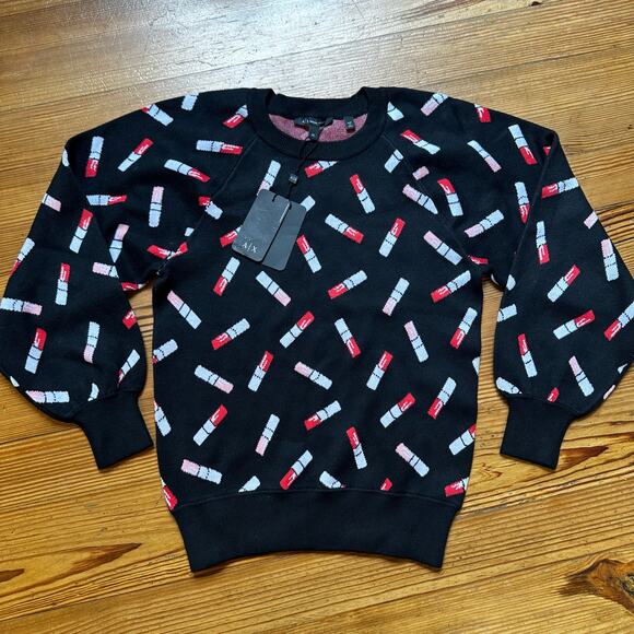NWT Armani Exchange black lipstick print long sleeve crew sweater SIZE XS - Picture 1 of 6